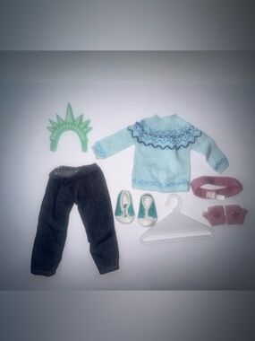 American Girl Light Aqua Nordic Sweater, Dark Denim Jeans & Teal Shoes